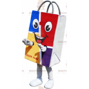 Costume da mascotte sorridente del sacchetto di carta colorato