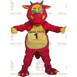 Traje de mascote de dragão gigante vermelho amarelo e verde