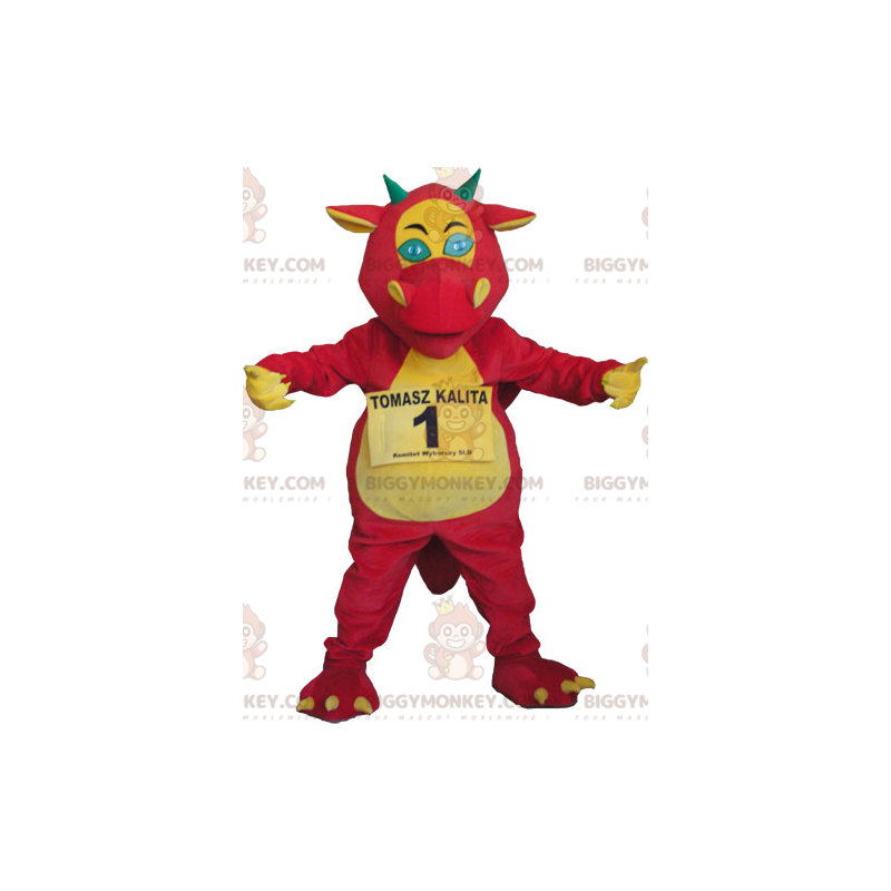 Traje de mascote de dragão gigante vermelho amarelo e verde