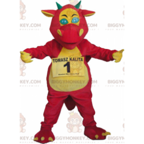 Costume da mascotte drago gigante rosso giallo e verde