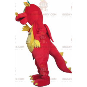 Traje de mascote de dragão gigante vermelho amarelo e verde