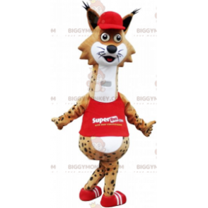 BIGGYMONKEY™ Sjovt plettet Lynx-maskotkostume med rødt outfit -