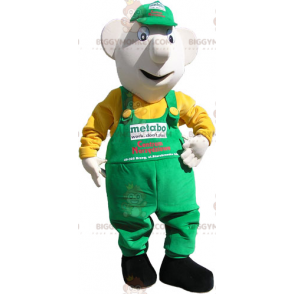 BIGGYMONKEY™ mascottekostuum van sneeuwman in groene overall en