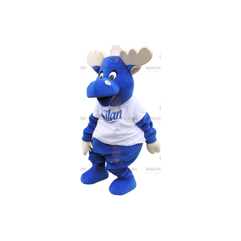 Kostým maskota BIGGYMONKEY™ Celý modrý los s parohy a bílé