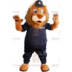Traje de mascote BIGGYMONKEY™ Leão marrom com roupa de policial