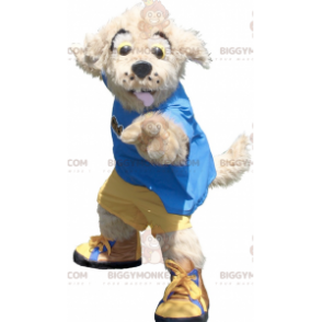 BIGGYMONKEY™ Mascot Costume of Tan Dog in Yellow and Blue