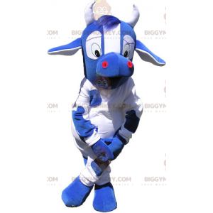 Kostium maskotka niebiesko-biała krowa z dużymi oczami