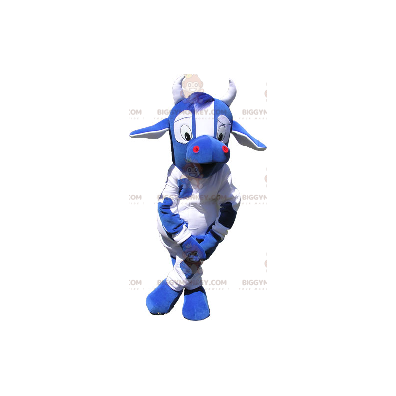 Costume de mascotte BIGGYMONKEY™ de vache bleue et blanche avec