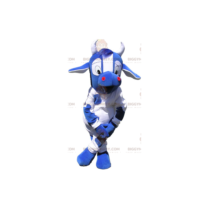 Kostým maskota BIGGYMONKEY™ s modrou a bílou krávou s velkýma