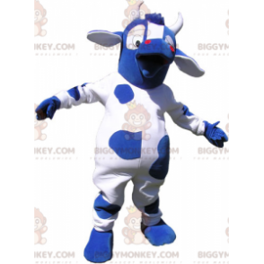 Kostým maskota BIGGYMONKEY™ s modrou a bílou krávou s velkýma