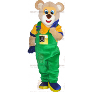 BIGGYMONKEY™ Bear Mascot Costume In Colorful Overalls And