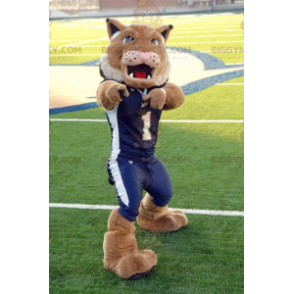 Kostým maskota BIGGYMONKEY™ Hnědý lev tygr v modrém sportovním