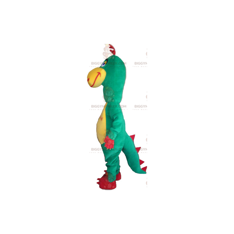 Traje de mascote engraçado de dinossauro verde vermelho e
