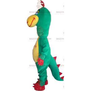 Traje de mascote engraçado de dinossauro verde vermelho e