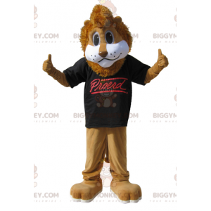 Costume de mascotte BIGGYMONKEY™ de lion marron avec un t-shirt