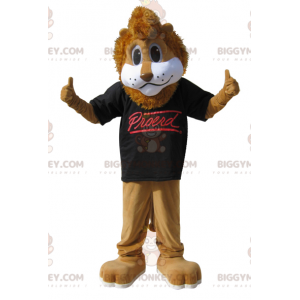 Ruskea leijona BIGGYMONKEY™ maskottiasu mustalla t-paidalla -