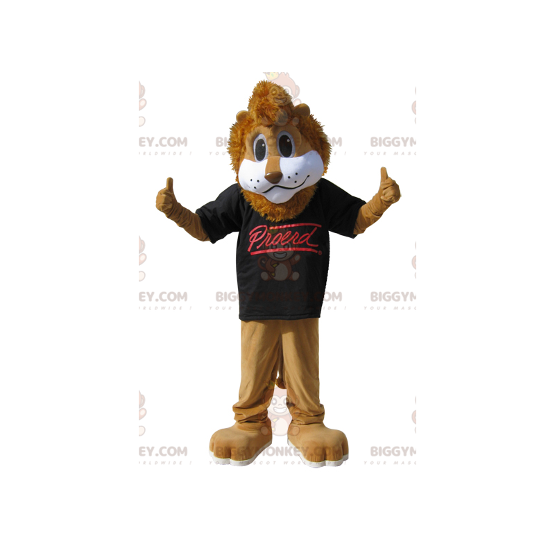 Brown lion BIGGYMONKEY™ mascot costume with black t-shirt –