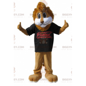 Brun løve BIGGYMONKEY™ maskotkostume med sort t-shirt -