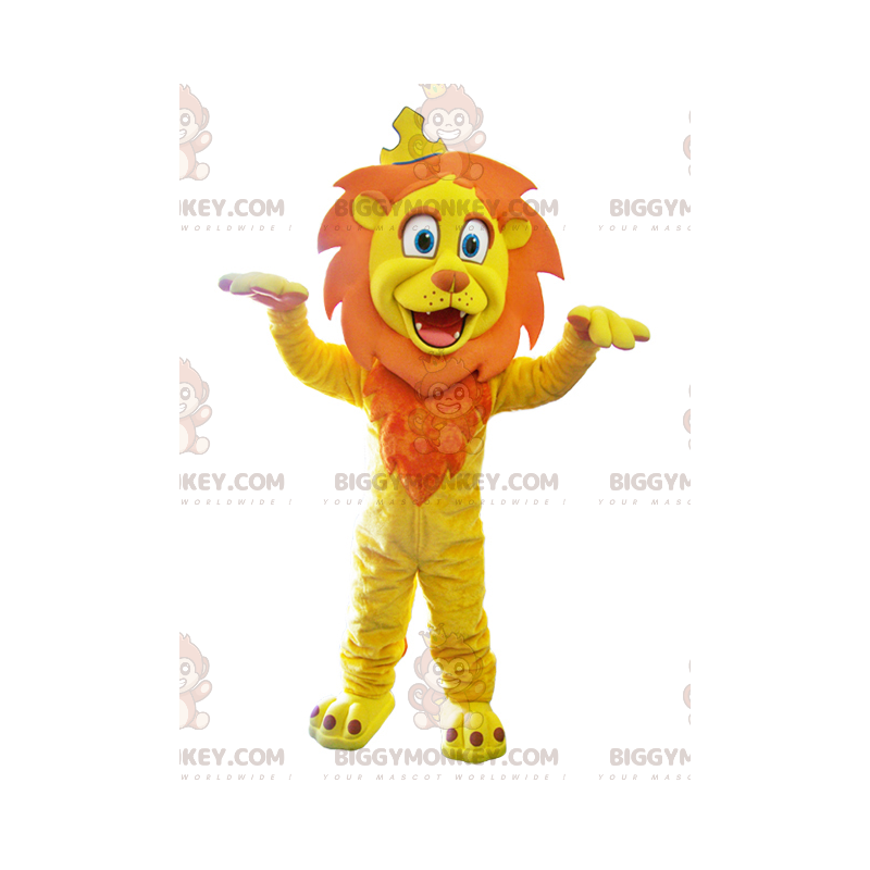 BIGGYMONKEY™ mascottekostuum gele en oranje leeuw met kroon -