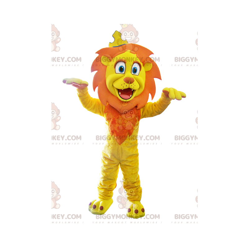 Kostým maskota BIGGYMONKEY™ Žlutý a oranžový lev s korunou –