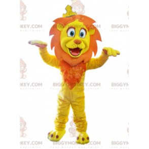 Kostým maskota BIGGYMONKEY™ Žlutý a oranžový lev s korunou –