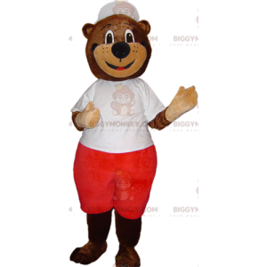 Brun björn BIGGYMONKEY™ maskotdräkt i vit och röd outfit -