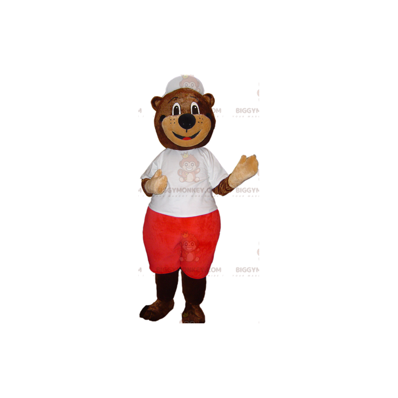 Brun bjørn BIGGYMONKEY™ maskotkostume i hvidt og rødt outfit -