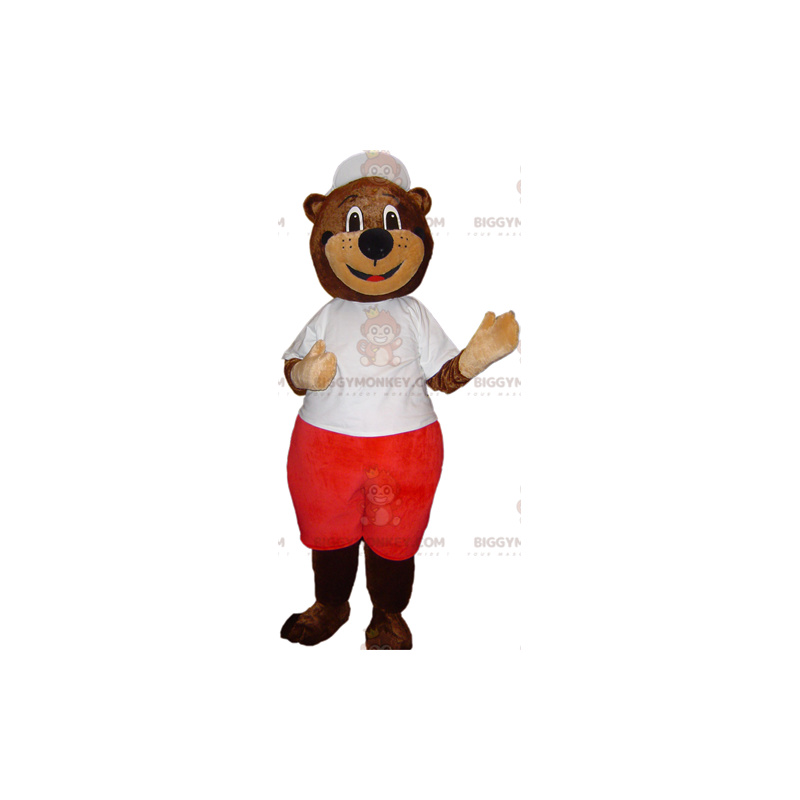 Traje de mascote de urso pardo BIGGYMONKEY™ em roupa branca e