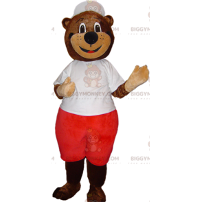 Traje de mascote de urso pardo BIGGYMONKEY™ em roupa branca e