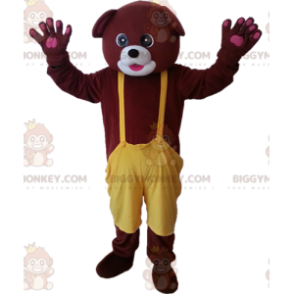 Bruine beer BIGGYMONKEY™ mascottekostuum met gele overall -