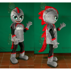 Costume da mascotte futuristico robot dinosauro grigio e rosso