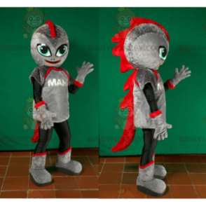 Disfraz de mascota robot dinosaurio gris y rojo futurista