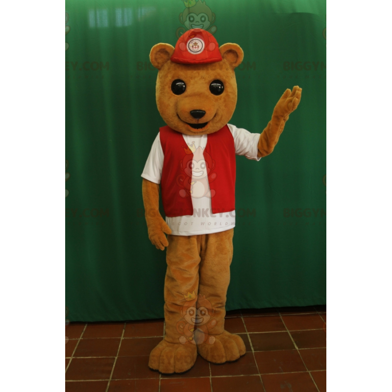 BIGGYMONKEY™ mascottekostuum bruine beer met rood vest en pet -