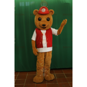 BIGGYMONKEY™ Maskotdräkt Brun björnunge med röd väst och mössa