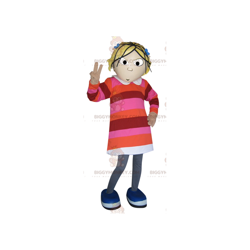 BIGGYMONKEY™ Mascot Costume Blonde Girl Dressed in Striped
