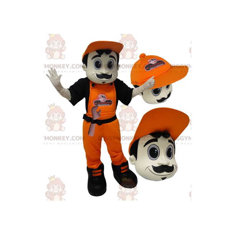 BIGGYMONKEY™ mascot costume of man in overalls and orange cap.