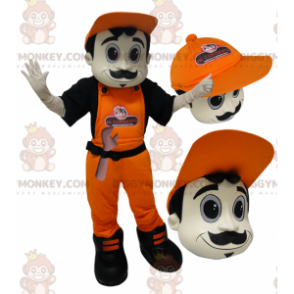 BIGGYMONKEY™ mascottekostuum van een man in overall en oranje