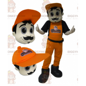 BIGGYMONKEY™ mascot costume of man in overalls and orange cap.