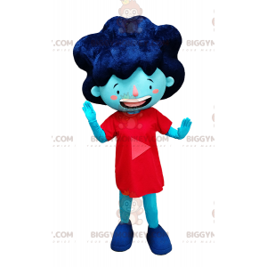 BIGGYMONKEY™-mascottekostuum van blauw meisje in rode jurk en