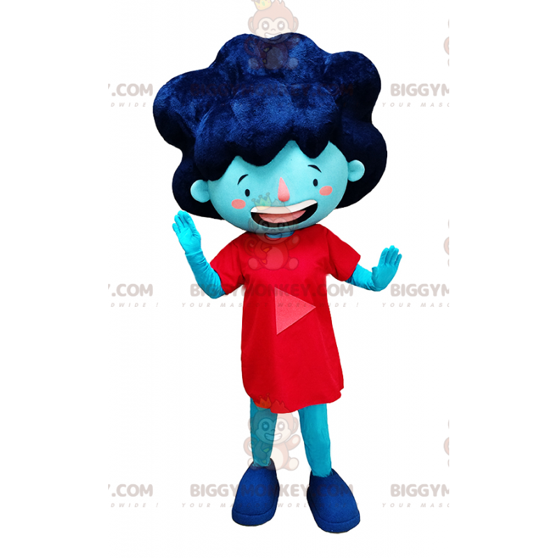 BIGGYMONKEY™ Mascot Costume of Blue Girl in Red Dress and Big