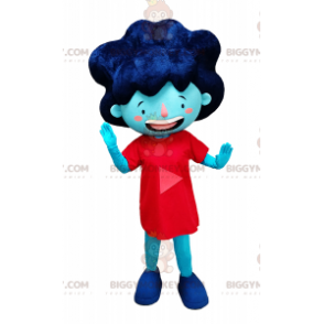 BIGGYMONKEY™ Mascot Costume of Blue Girl in Red Dress and Big