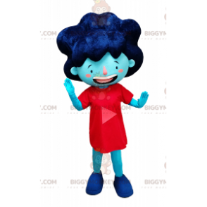 BIGGYMONKEY™ maskotkostume af blå pige i rød kjole og stort hår