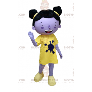 BIGGYMONKEY™ maskotdräkt av lila flicka i gul outfit med bullar