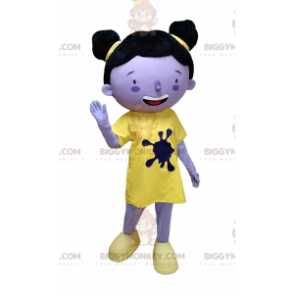 Traje de mascote BIGGYMONKEY™ de garota roxa em traje amarelo