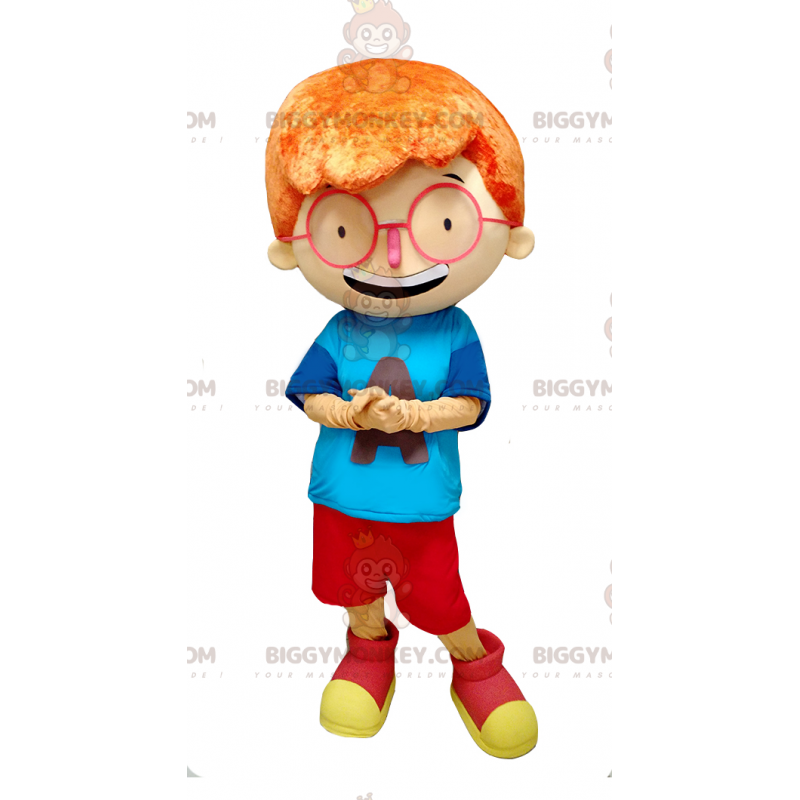 BIGGYMONKEY™ maskotkostume rødhåret dreng med store briller -