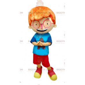 Traje de mascote BIGGYMONKEY™ menino ruivo com óculos grandes –