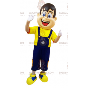 BIGGYMONKEY™ mascottekostuum voor man in blauwe overall en geel