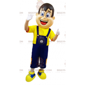 Traje de mascote BIGGYMONKEY™ de homem de macacão azul e