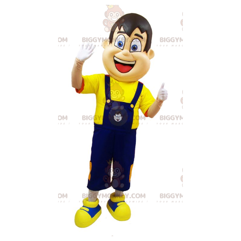BIGGYMONKEY™ maskotdräkt av man i blå overall och gul t-shirt -