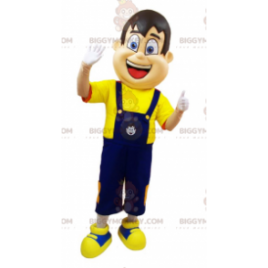 BIGGYMONKEY™ mascot costume of man in blue overalls and yellow